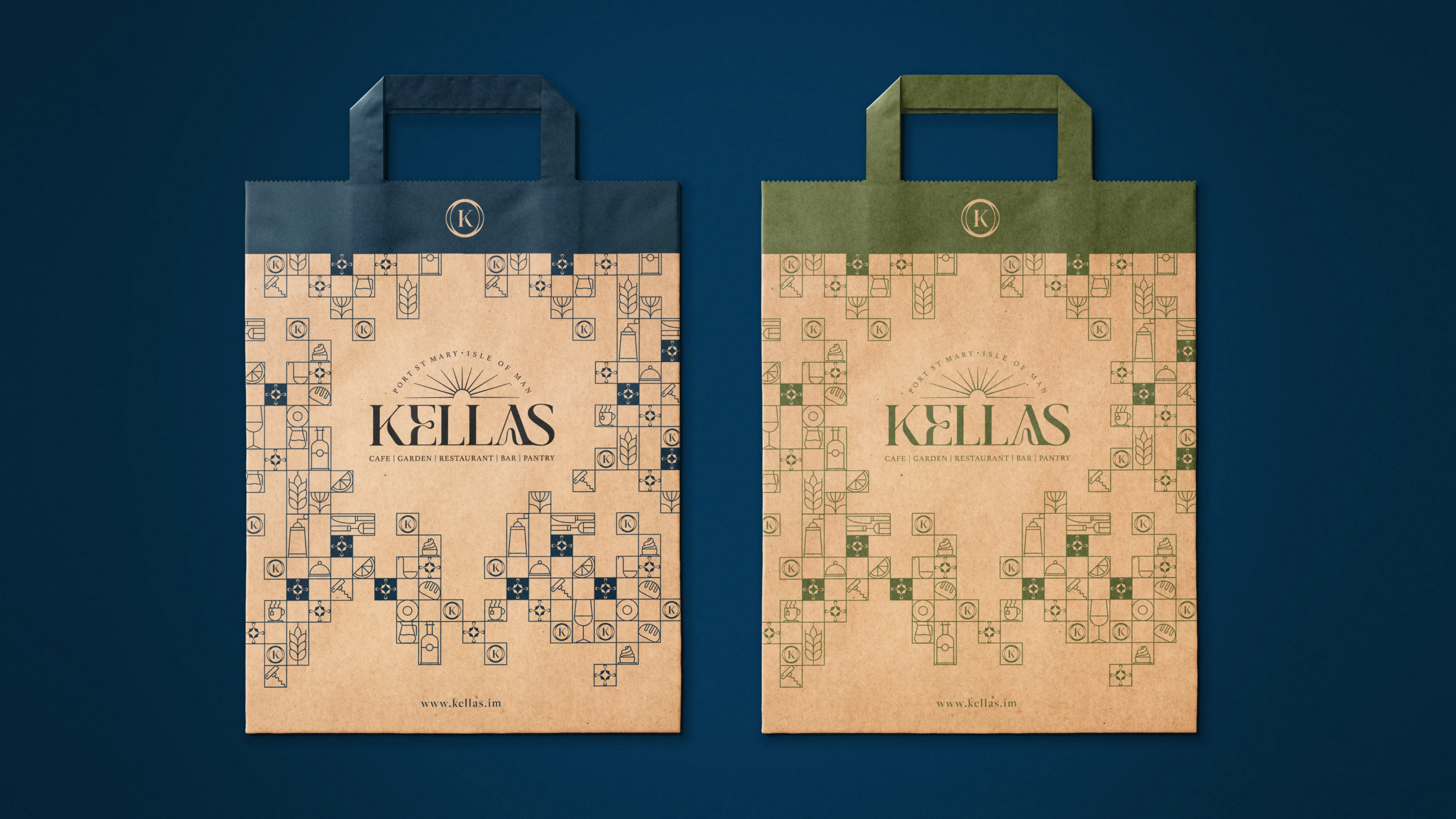 Two Kella's branded kraft paper carrier bags displayed against a dark teal background — one natural brown with the Kella's logo and geometric pattern, and one olive green with the Kella's branding.